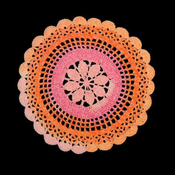 Handmade Pink/Oranges Crochet Floral  Doily - Picture 1 of 3